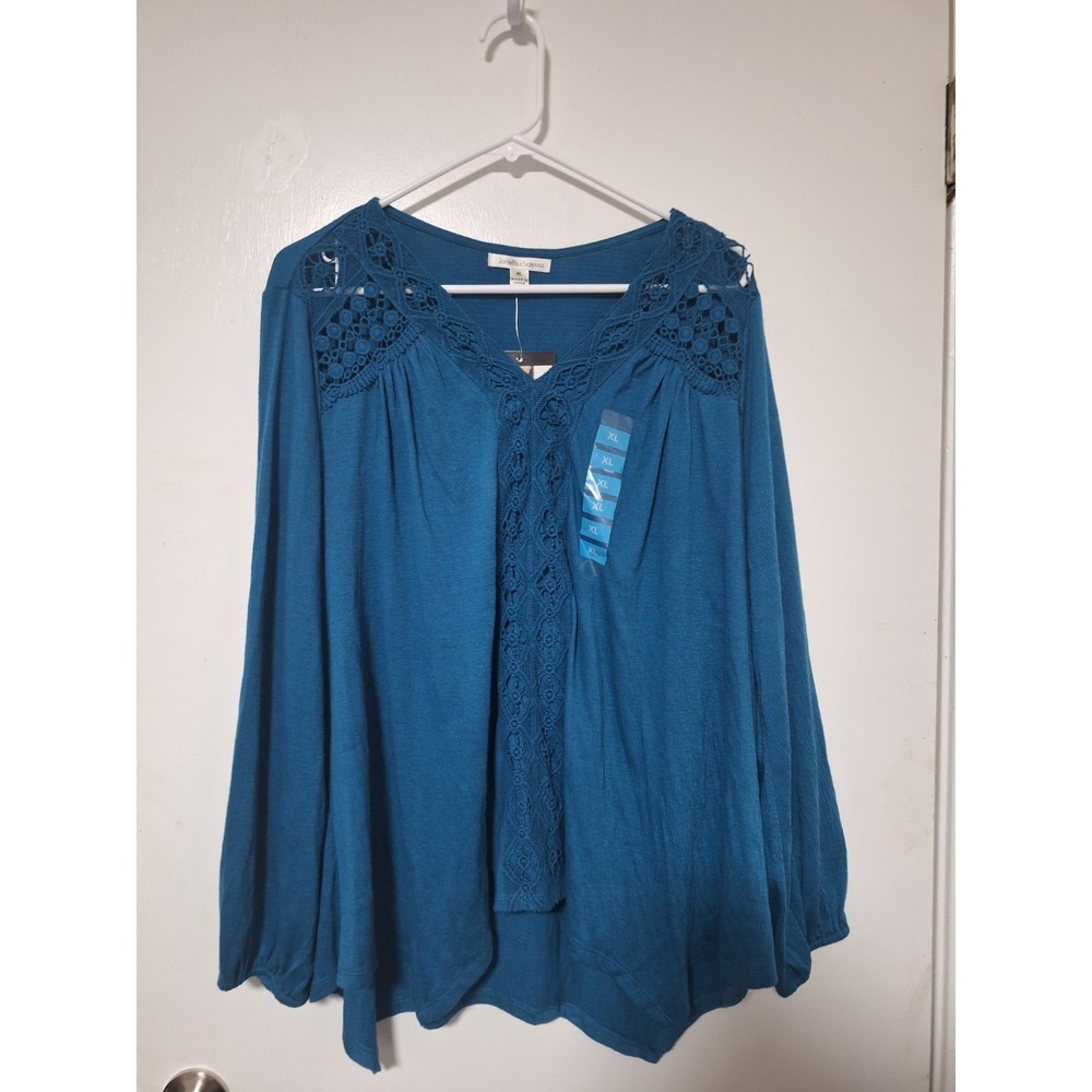 John Paul Richard Top XL New Sylvan Teal Blue Crinkle Knit Crochet Longsleeve